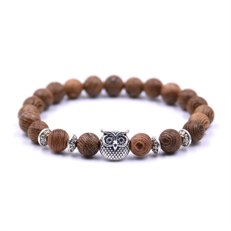 Buddha náramok s drevenými korálkami - motív sovy