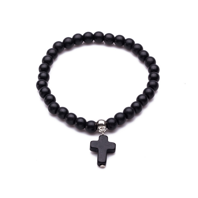 Buddha náramok z prírodného kameňa s príveskom kríža - čierny