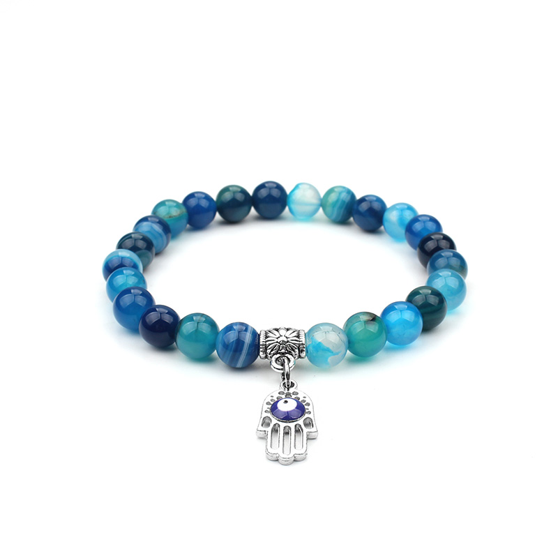 Buddha náramok z prírodného kameňa s motívom Fatimina ruka (Hamsa) - modrý