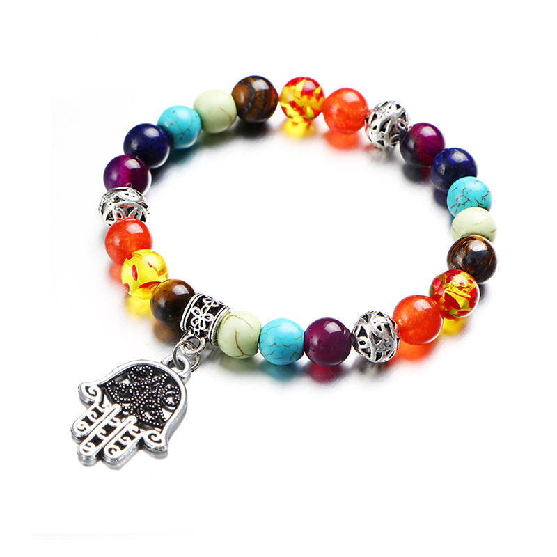Trendový farebný Buddha náramok s príveskom Fatimina ruka (Hamsa)