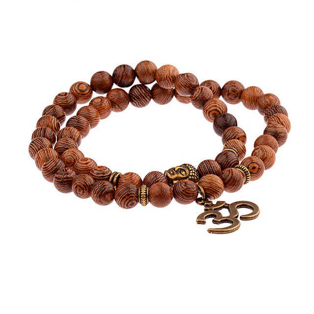 Elegantný viacvrstvový Buddha náramok s duchovným symbolom jogy ÓM - drevené korálky